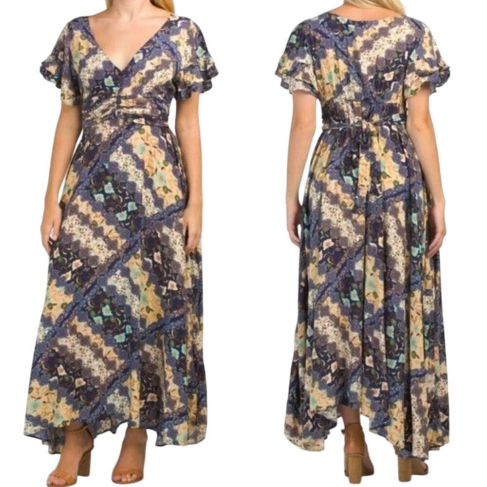 Abel the Label Gandi Maxi Dress Patchwork Floral Hanky Hem Fit & Flare
